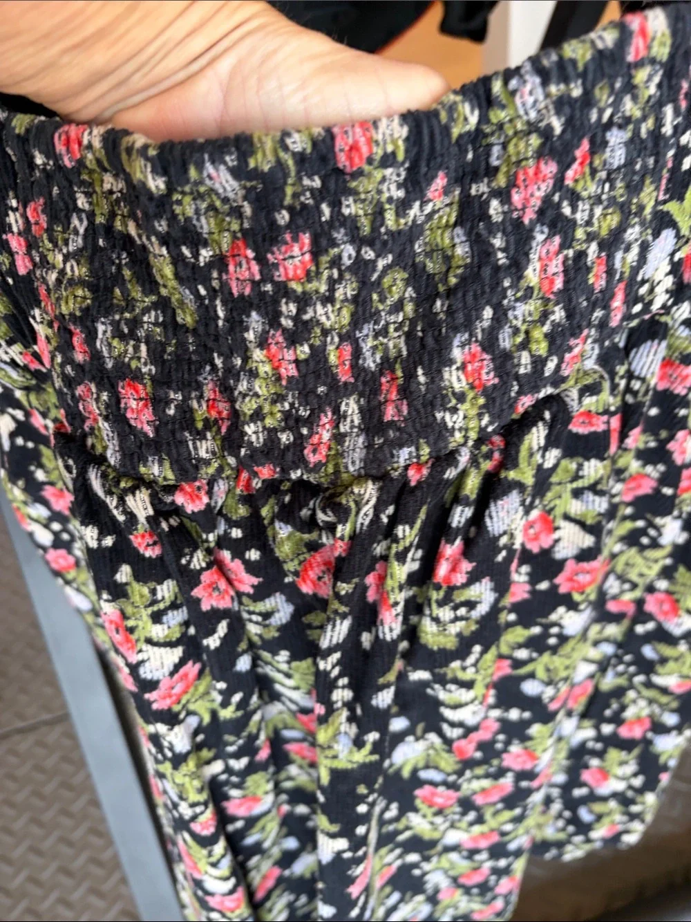 Free People Black Floral Peasant Blouse with Cream Tie
